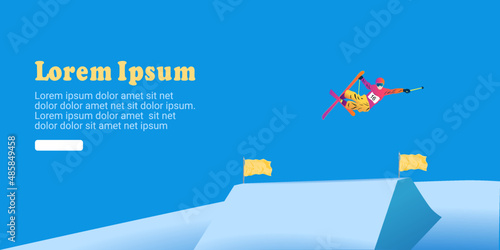Cartoon illustration of an abstract man ski jumping on a blue background. Ski Jumping, Freeski Big Air, Freeski Halfpipe