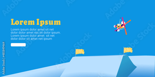 Cartoon illustration of an abstract man ski jumping on a blue background. Ski Jumping, Freeski Big Air, Freeski Halfpipe