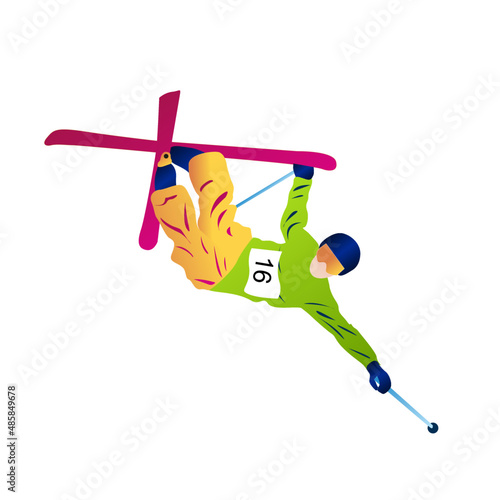Cartoon illustration of an abstract man ski jumping on a blue background. Ski Jumping, Freeski Big Air, Freeski Halfpipe
