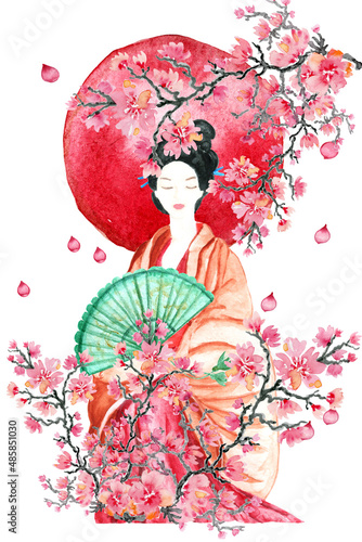 Watercolor illustration of a girl in sakura flowers with a Japanese umbrella.Beautiful eastern girl with umbrella walking under sakura blossom tree illustration.