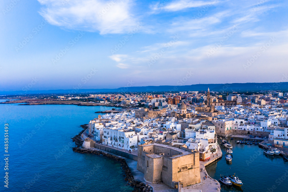 Aerial view, from the old town of Monopoli, at dusk, Puglia, Italy,