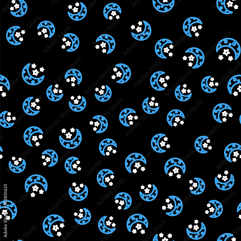 Line Moon and stars icon isolated seamless pattern on black background. Vector