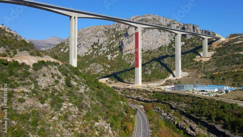 Aerial shot of the fully finished Moracica bridge in Montenegro photo