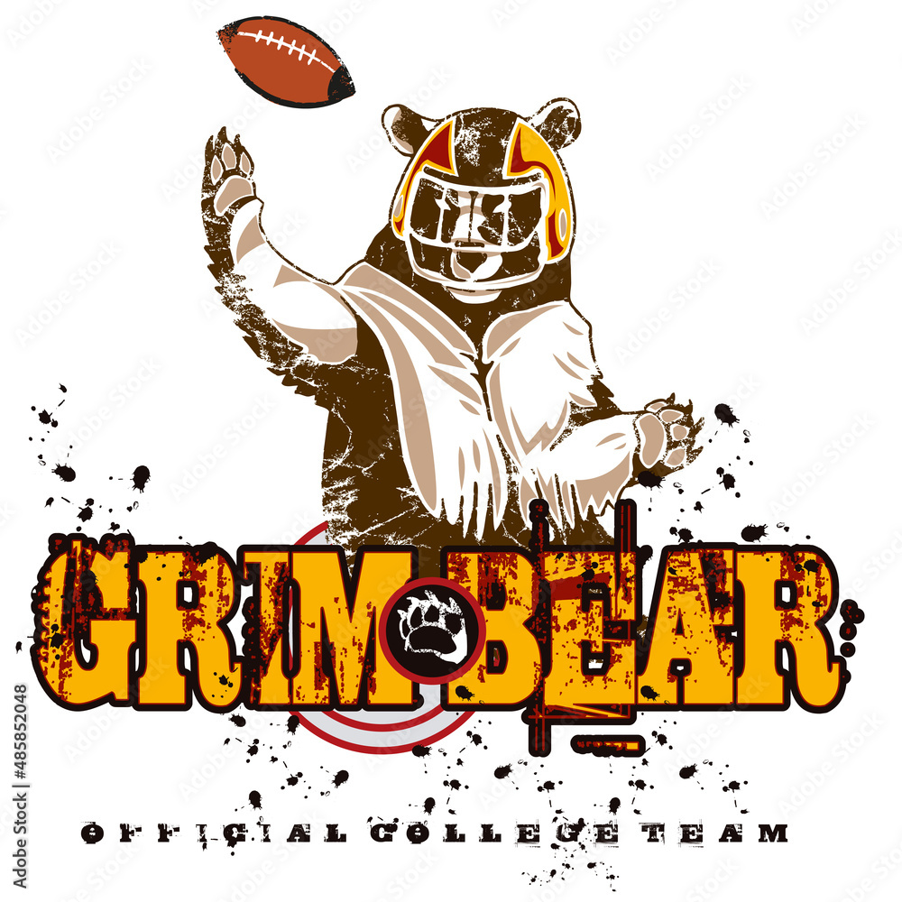 Obraz premium Bear mascot of an american football team. Brown bear with an helmet throwing a football ball with a graphic background. Football mascot illustration concept.