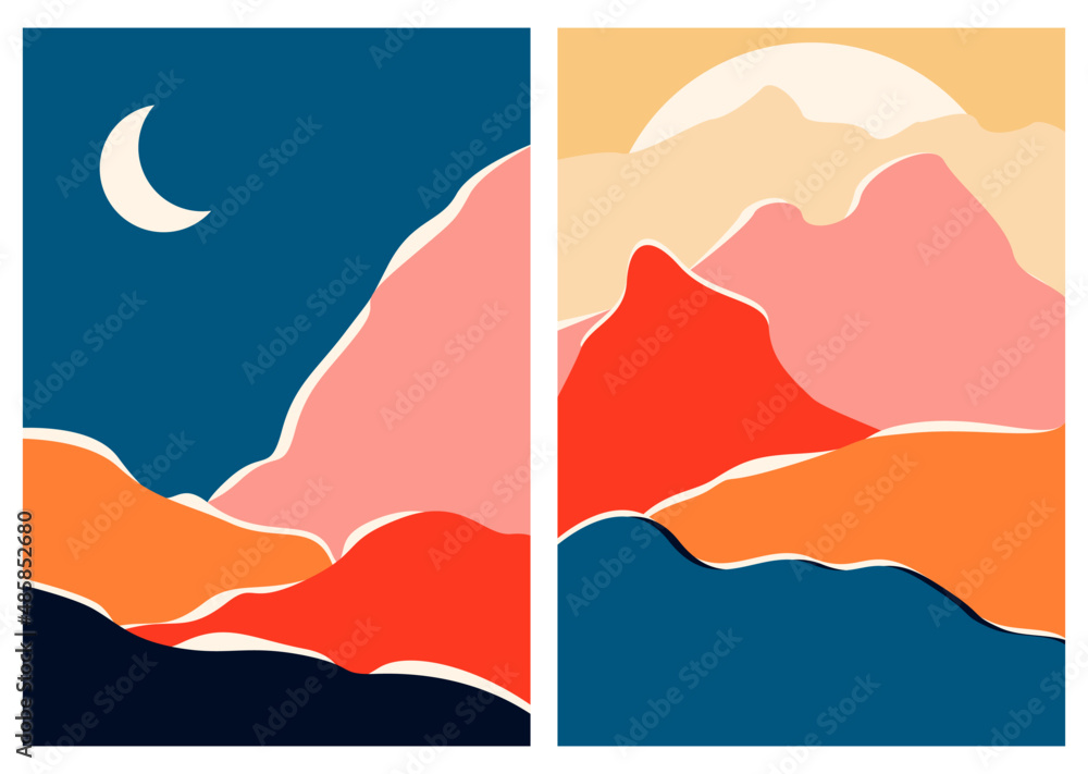 Abstract contemporary landscape posters set. Mid century modern minimalist art print. Boho poster cover. Mountain, hill, lake, sun. Flat design for book cover, poster, banner, brochure, flyer.
