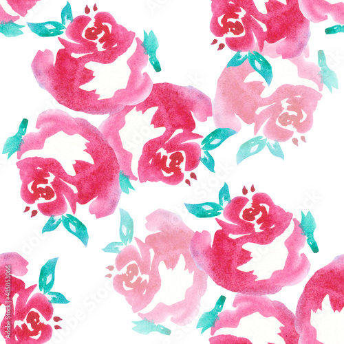 Floral seamless white background with watercolor garden flowers of rose. © Olga Kleshchenko
