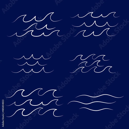 Set of six various simple minimalist waves water lake river logo vector illustration, bundle set collection package design on darkblue background