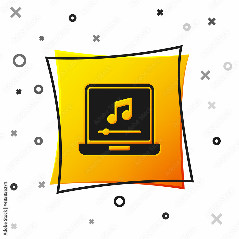 Black Laptop with music note symbol on screen icon isolated on white background. Yellow square button. Vector Black Laptop with music note symbol on screen icon isolated on white background. Yellow square button. Vector