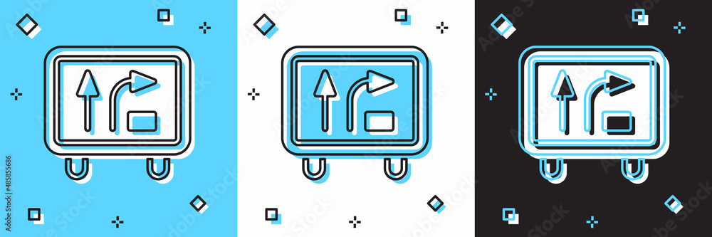 Set Road traffic sign. Signpost icon isolated on blue and white, black background. Pointer symbol. Isolated street information sign. Direction sign. Vector Set Road traffic sign. Signpost icon isolated on blue and white, black background. Pointer symbol. Isolated street information sign. Direction sign. Vector