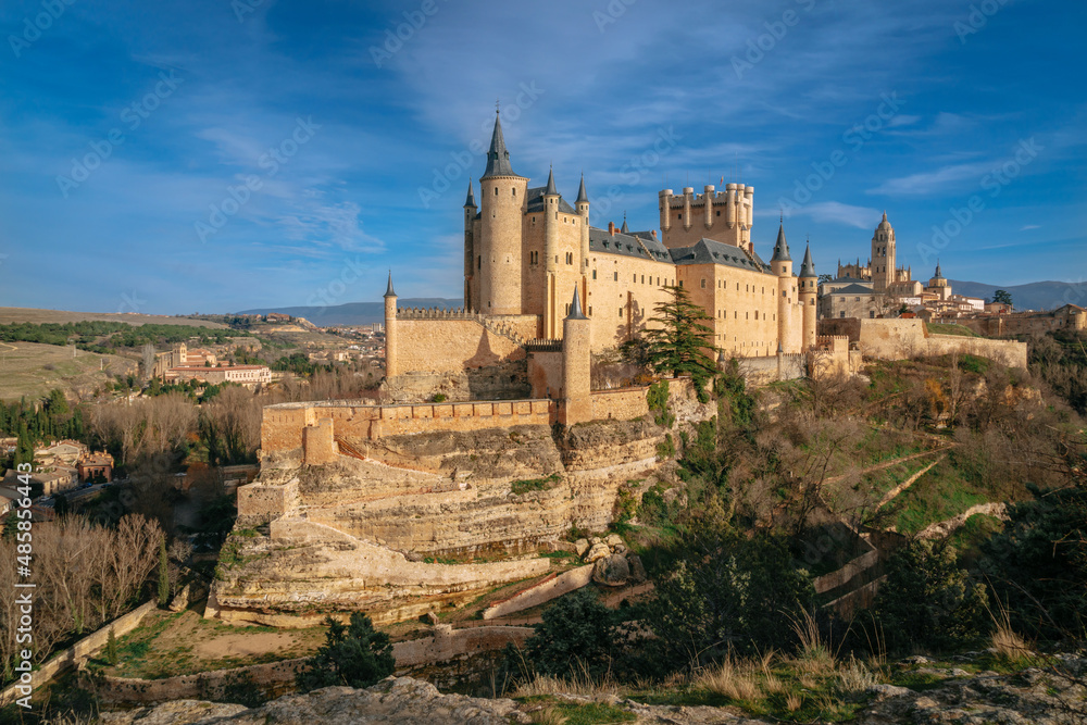 Panoramic view of the medieval Alcazar Castle on a sunny day, Segovia, Castile and Leon, Spain