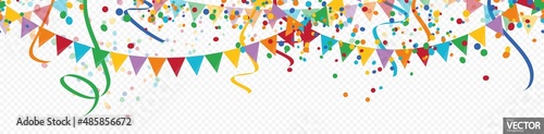 seamless colored confetti, garlands and streamers party background