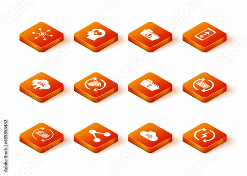 Set Refund money, Share, Methane emissions reduction, , Music streaming service and Delete folder icon. Vector