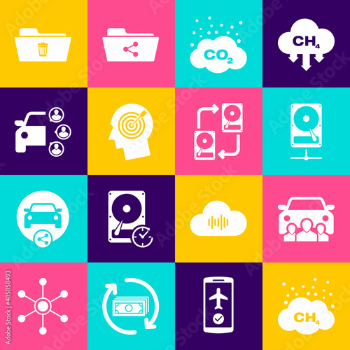 Set Methane emissions reduction, Car sharing, Hard disk drive network, CO2 cloud, Head hunting concept and icon. Vector