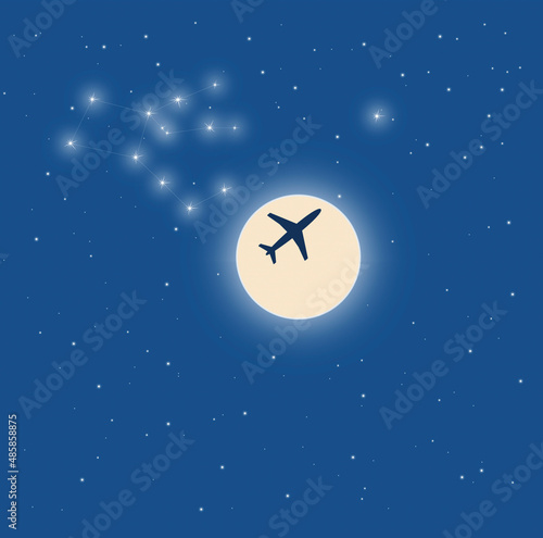 Fototapeta Naklejka Na Ścianę i Meble -  Airplane in the moonlight, Pegasus constellation, night sky