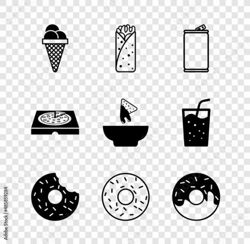 Set Ice cream in waffle cone, Burrito, Aluminum can, Donut, Pizza cardboard box and Nachos plate icon. Vector