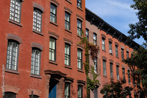 Row of Colorful Old Brick Residential Buildings in Greenwich Village of New York City