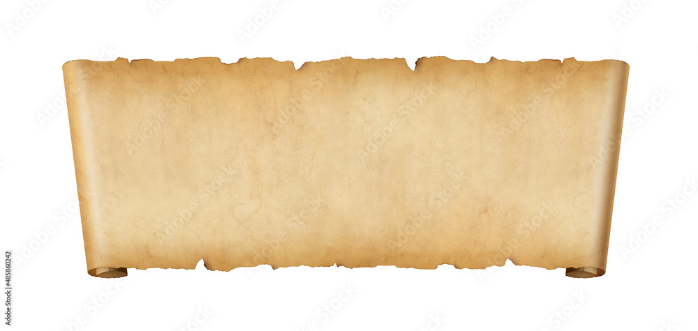 Fototapeta premium Old paper horizontal banner. Parchment scroll isolated on white