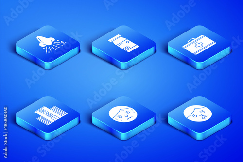 Set Runny nose, Man with excessive sweating, Medical hospital building, Medicine bottle and pills and First aid kit icon. Vector