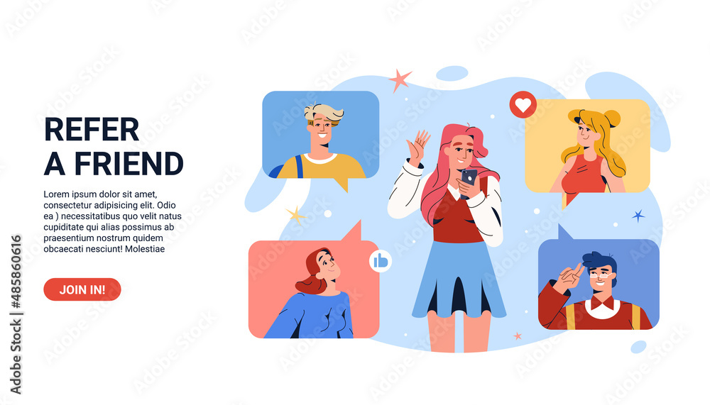 Refer a friend web landing page. Flat young woman with smartphone invite friends for community on social media group. Earn rewards, money bonus from online program. Referral marketing strategy banner.
