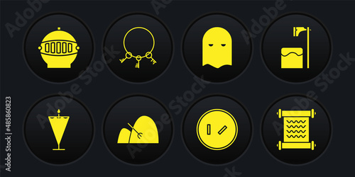Set Medieval flag, Executioner axe in tree block, Bale of hay and rake, Round wooden shield, mask, Old keys, Decree, parchment, scroll and iron helmet icon. Vector