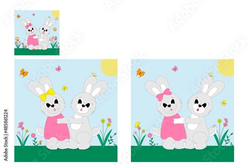 Find differences. Cute bunnies. Educational game for children. Cartoons. © Elena