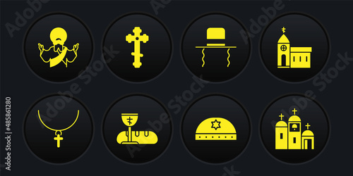 Set Christian cross on chain, Church building, First communion symbols, Jewish kippah with star of david, Orthodox jewish hat sidelocks, and Jesus icon. Vector