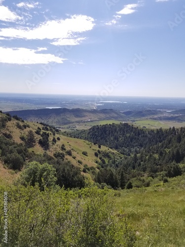 Colorado Mountain Top Side and Forest Lake under Cloudy Blue Sky