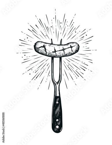 Grilled sausage on barbecue fork. Grilled meat hand drawn vector sketch illustration