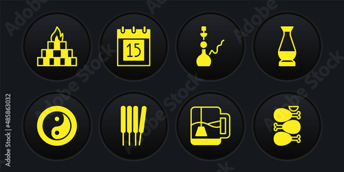 Set Yin Yang, Indian vase, Aroma sticks, incense, Cup of tea with tea bag, Hookah, Independence day, Tandoori chicken and Yagna icon. Vector