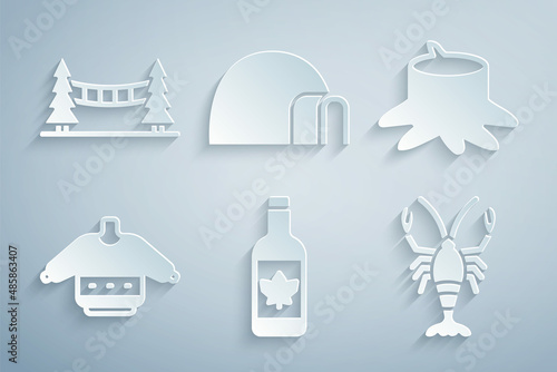 Set Beer bottle, Tree stump, Christmas sweater, Lobster, Igloo ice house and Capilano Suspension Bridge icon. Vector