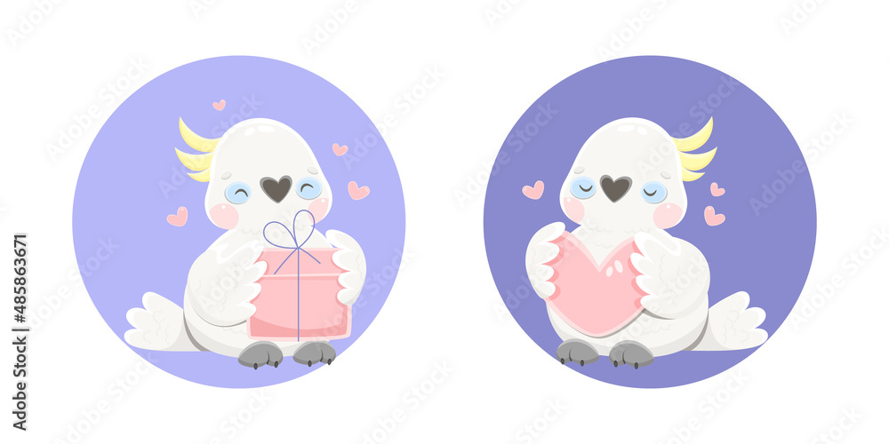 White cockatoo in cartoon style. One parrot is holding a gift, the other parrot is holding a symbolic heart. Bird vector illustration. White cockatoo in cartoon style. One parrot is holding a gift, the other parrot is holding a symbolic heart. Bird vector illustration.
