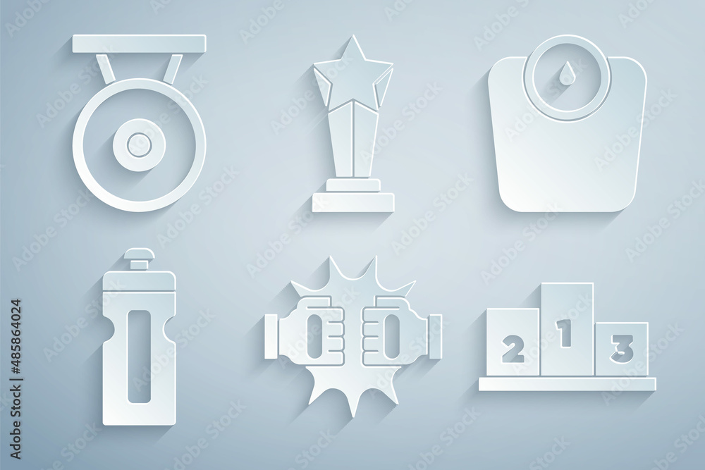 Set Punch in boxing gloves, Bathroom scales, Fitness shaker, Award over sports winner podium, cup and Gong icon. Vector Set Punch in boxing gloves, Bathroom scales, Fitness shaker, Award over sports winner podium, cup and Gong icon. Vector
