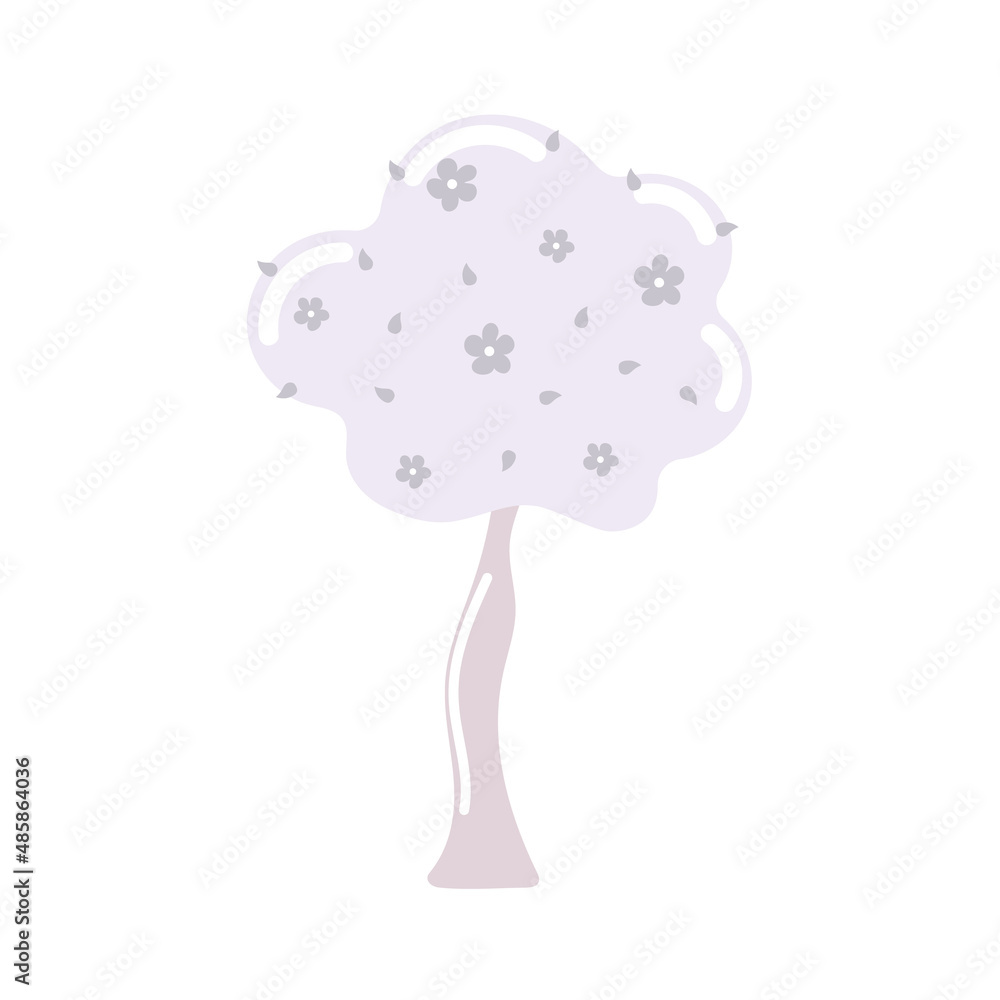 Hand drawn decorative blue tree with leaves and flowers. Neutral color