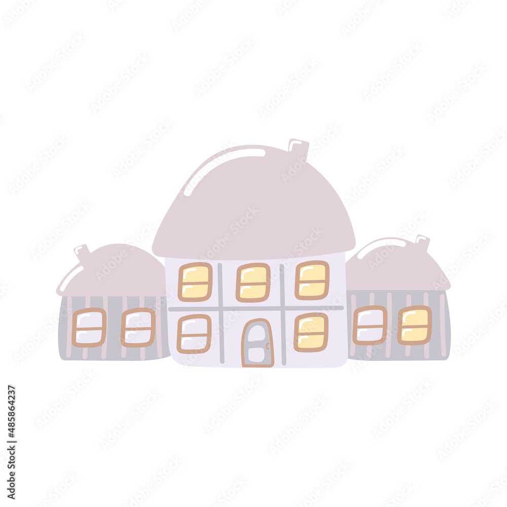 Decorative little cute house. Drawing by hand in a childish flat cartoon style. Simple vector blue house with windows and a pink roof in the suburbs. Isolated on white background.