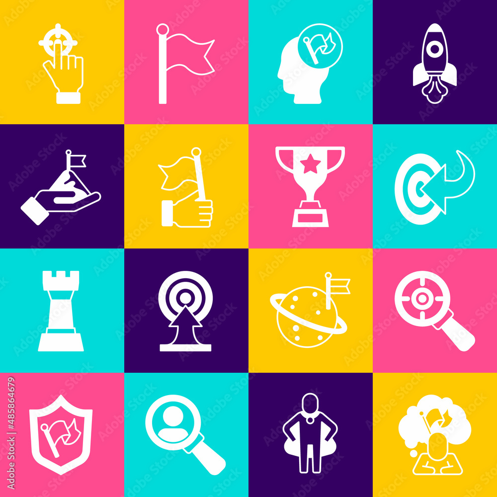 Set Man holding flag, Target with magnifying glass, Hand, Mountains, and Award cup icon. Vector Set Man holding flag, Target with magnifying glass, Hand, Mountains, and Award cup icon. Vector
