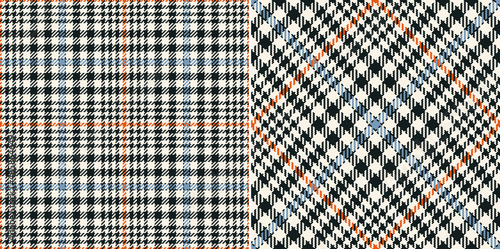 Tweed check plaid pattern in black, orange, blue, beige for spring autumn winter. Seamless tartan illustration set for scarf, dress, jacket, coat, skirt, blanket, other modern glen textile design.