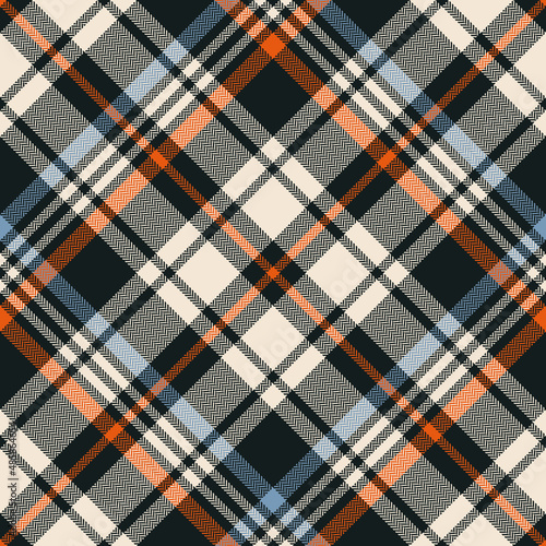 Tartan plaid pattern in orange, blue, brown, beige for autumn winter. Seamless herringbone textured diagonal check vector for blanket, duvet cover, scarf, other modern fashion textile print.