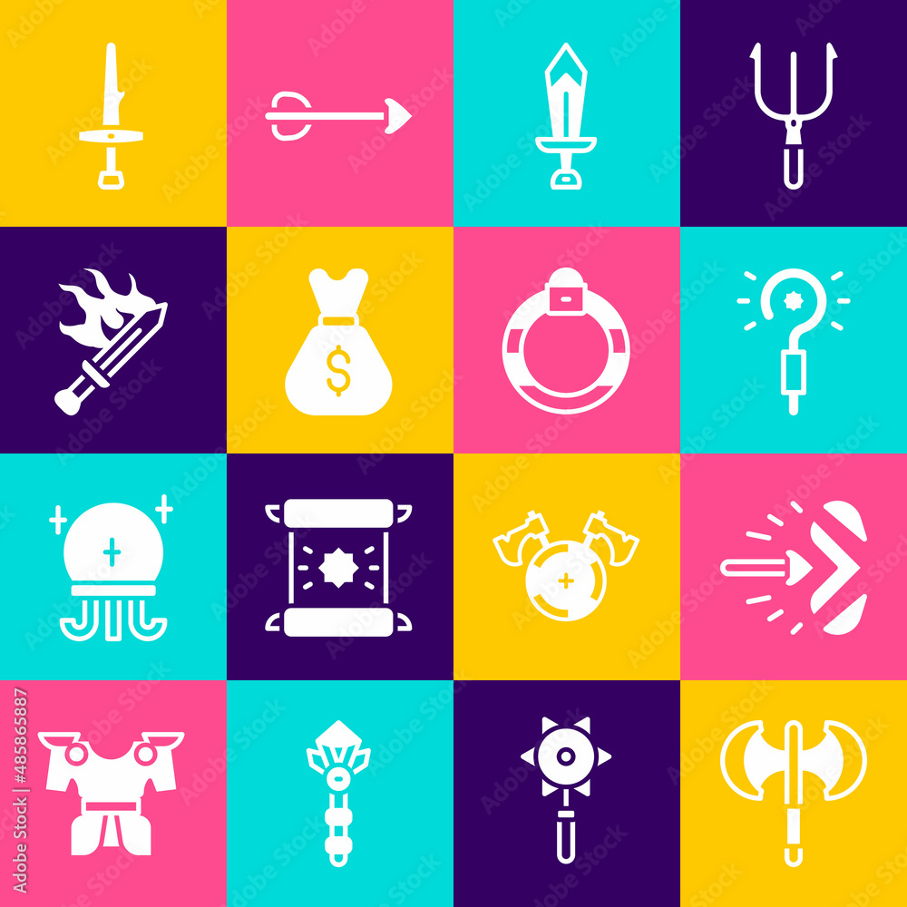 Set Medieval poleaxe, Magic arrow, wand, Sword for game, Old money bag, Dagger and stone ring icon. Vector Set Medieval poleaxe, Magic arrow, wand, Sword for game, Old money bag, Dagger and stone ring icon. Vector