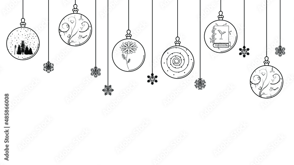 Black Doodle Outline Simple Line Abstract Merry Christmas Xmas Balls With Snowflakes Holiday Decorations Happy New Year Background Vector Design Style Black Doodle Outline Simple Line Abstract Merry Christmas Xmas Balls With Snowflakes Holiday Decorations Happy New Year Background Vector Design Style