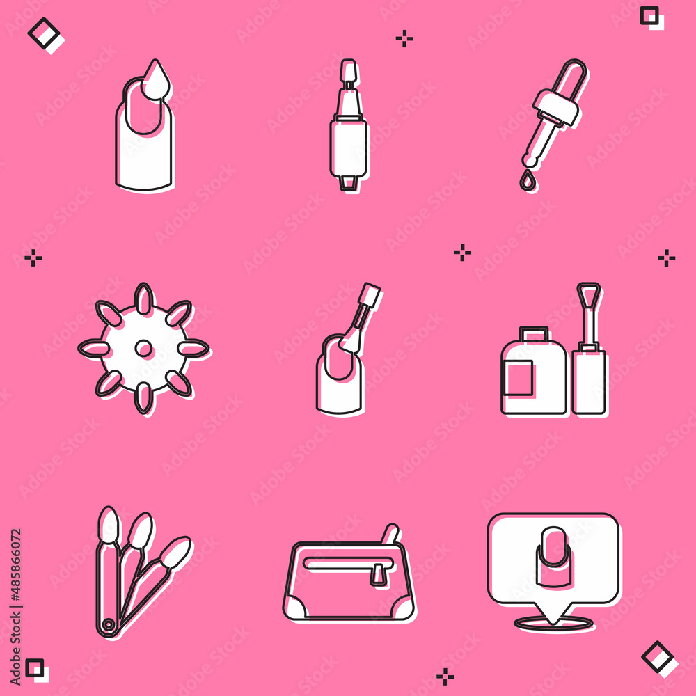 Set Manicure, Milling cutter for manicure, Pipette with oil, False nails, Nail, Bottle of polish, and Cosmetic bag icon. Vector