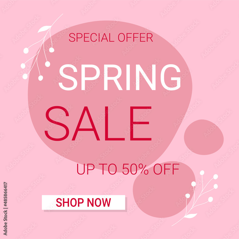 Spring sale square banner template. Discount text on pink abstract shapes and white branches