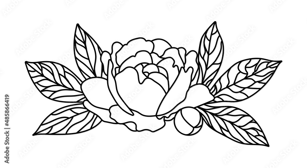 Peony with leaves Outline Wedding border Line Art Peony with leaves Outline Wedding border Line Art