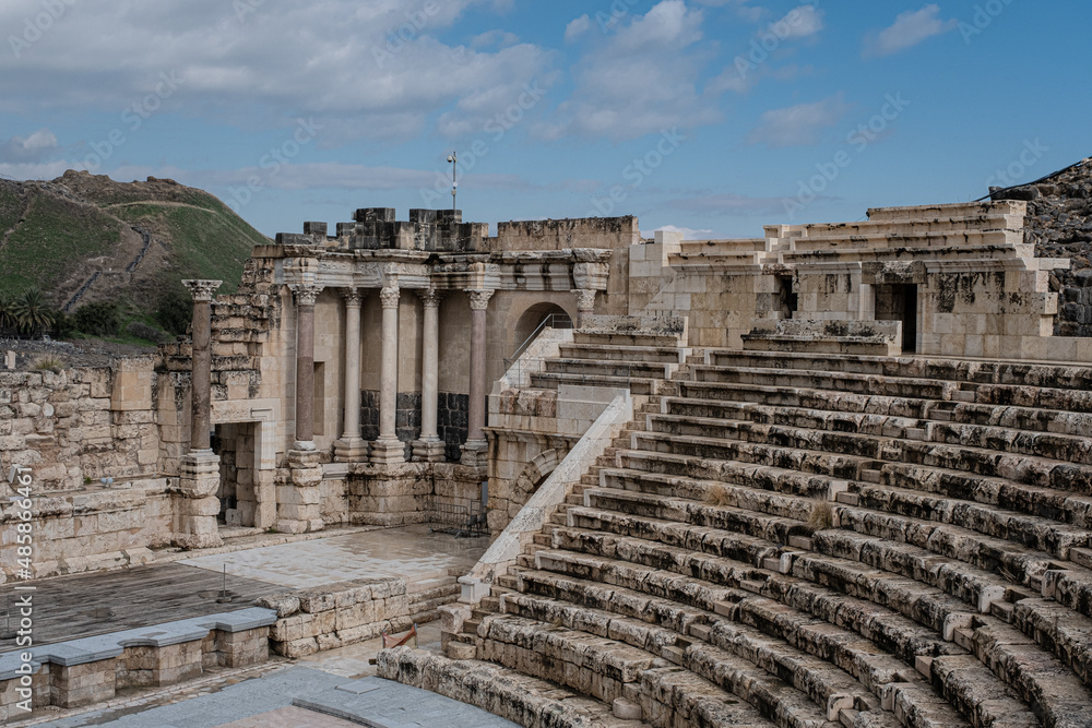Partial view of the most impressive and best preserved 7000 seats Roman Theatre at Beit Shean National Park, Jordan Valley, Northern Israel, Israel