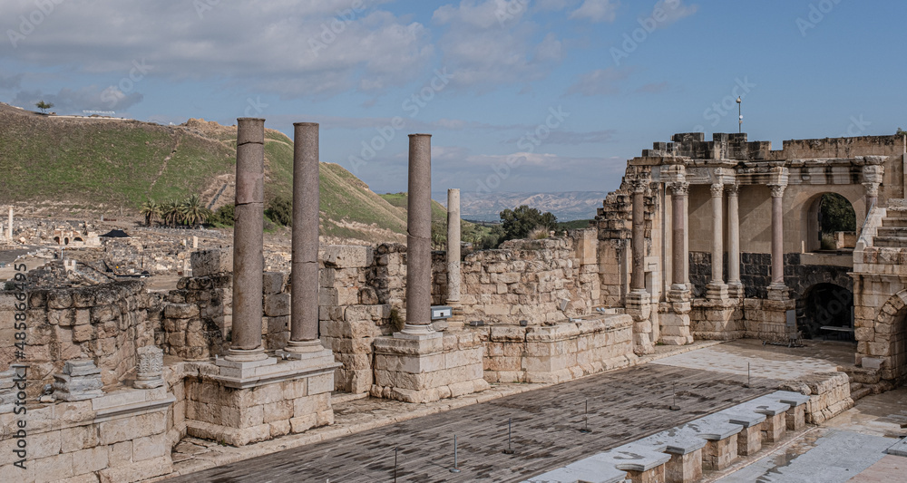 View of the Columns Colonnade behind the Stage of the famous Roman Theatre at Beit Shean National Park, Jordan Valley, Northern Israel, Israel
