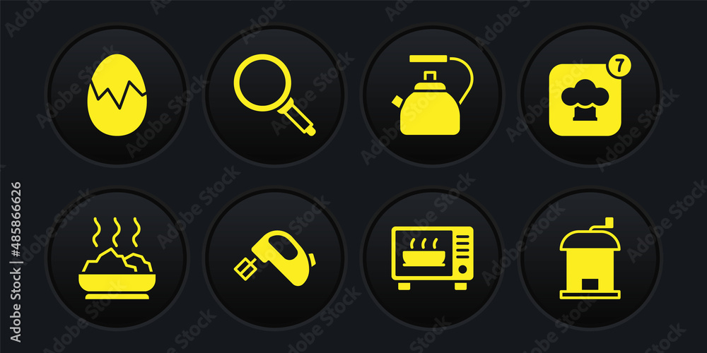 Set Bowl of hot soup, Chef hat, Electric mixer, Microwave oven, Kettle with handle, Frying pan, Manual coffee grinder and Broken egg icon. Vector Set Bowl of hot soup, Chef hat, Electric mixer, Microwave oven, Kettle with handle, Frying pan, Manual coffee grinder and Broken egg icon. Vector