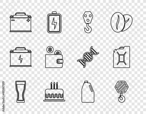 Set line Glass of beer, Industrial hook, Cake with burning candles, Car battery, Wallet coin, Household chemicals bottle and Canister for gasoline icon. Vector