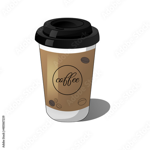 Realistic paper coffee cup with shadow on white background with coffee beans. Vector illustration of a take away coffee cup. 