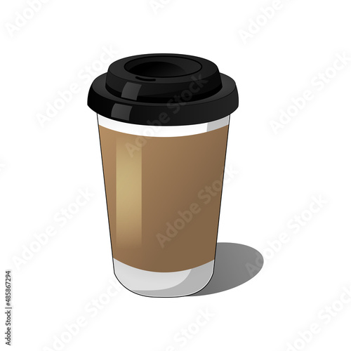 Realistic paper coffee cup with shadow on white background. Vector illustration of a take away coffee cup. 