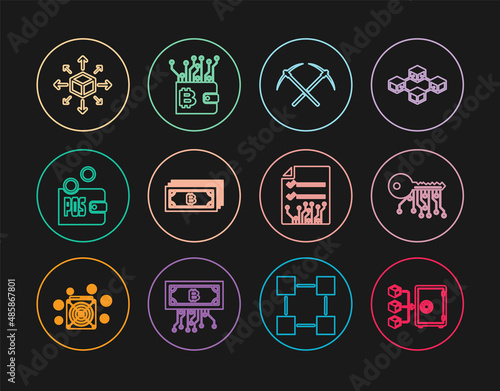 Set line Proof of stake, Cryptocurrency key, Crossed pickaxe, bitcoin, Distribution, Smart contract and wallet icon. Vector
