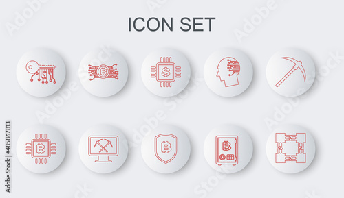 Set line Blockchain technology, CPU mining farm, Processor chip with dollar, Proof of stake, Cryptocurrency key, bitcoin circuit, Mining monitor and pickaxe and Shield icon. Vector